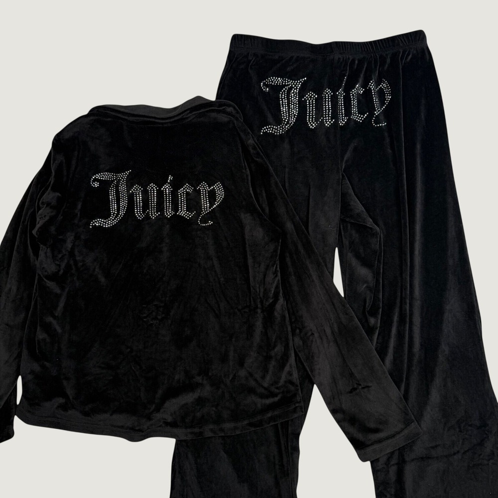Juicy Couture Black Velour Pajama Set Rhinestone Logo Top & Pants Womens Small